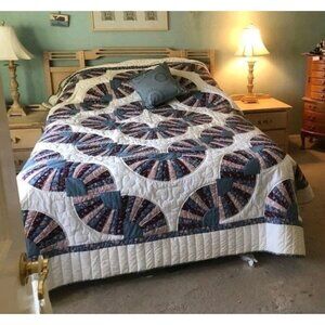 Handmade King Size Amish Fan Quilt Blue Pink Burgundy Roses Floral